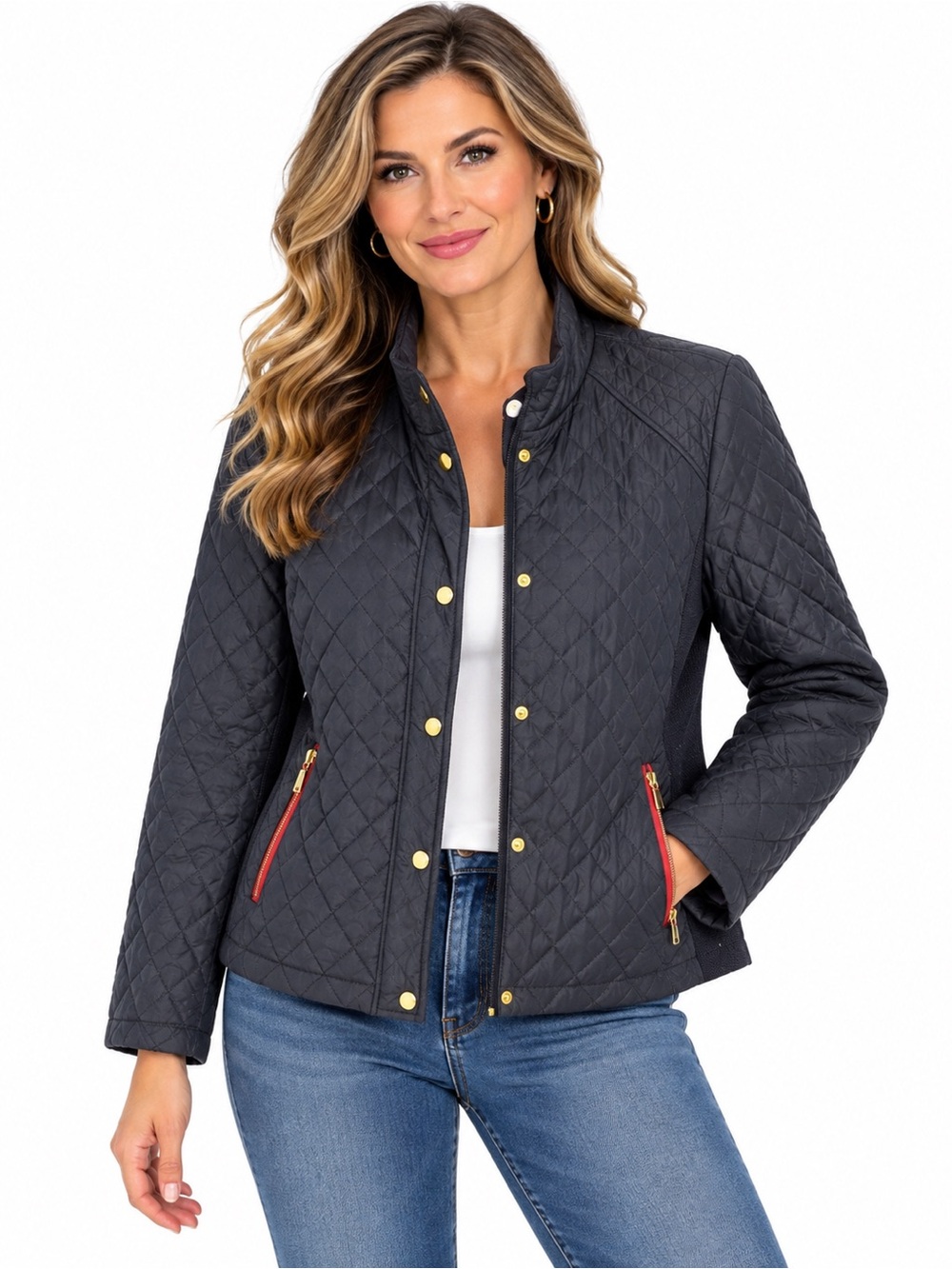 Max Studio Women's Navy Quilted Jacket with Red Zippers Accents Size XL